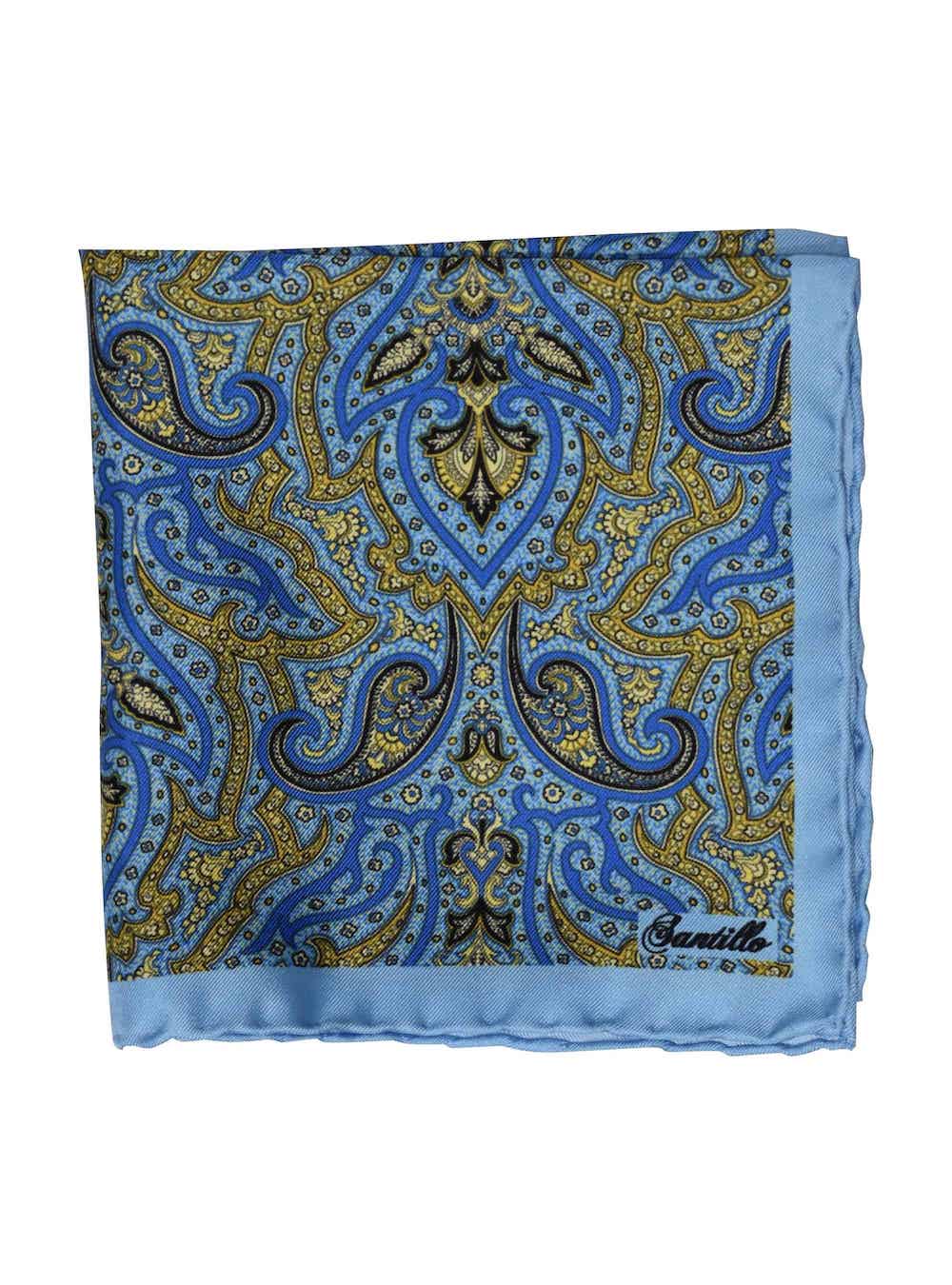 PORTOFINO turquoise/yellow/black paisley printed pocket square