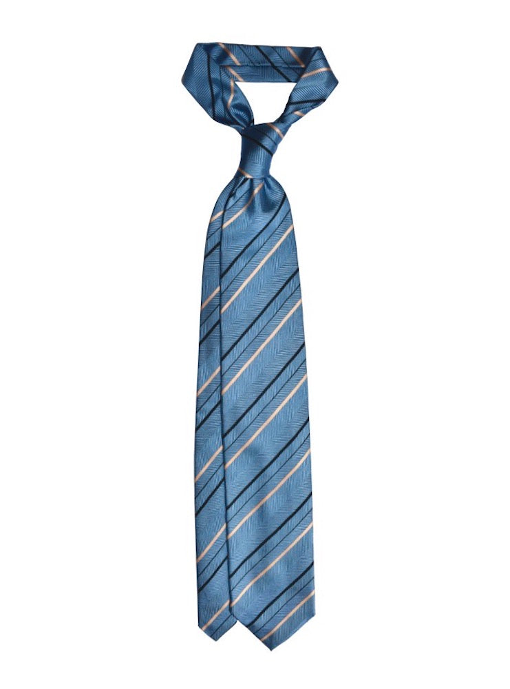 STRIPED azure/bronze/black herringbone woven silk tie